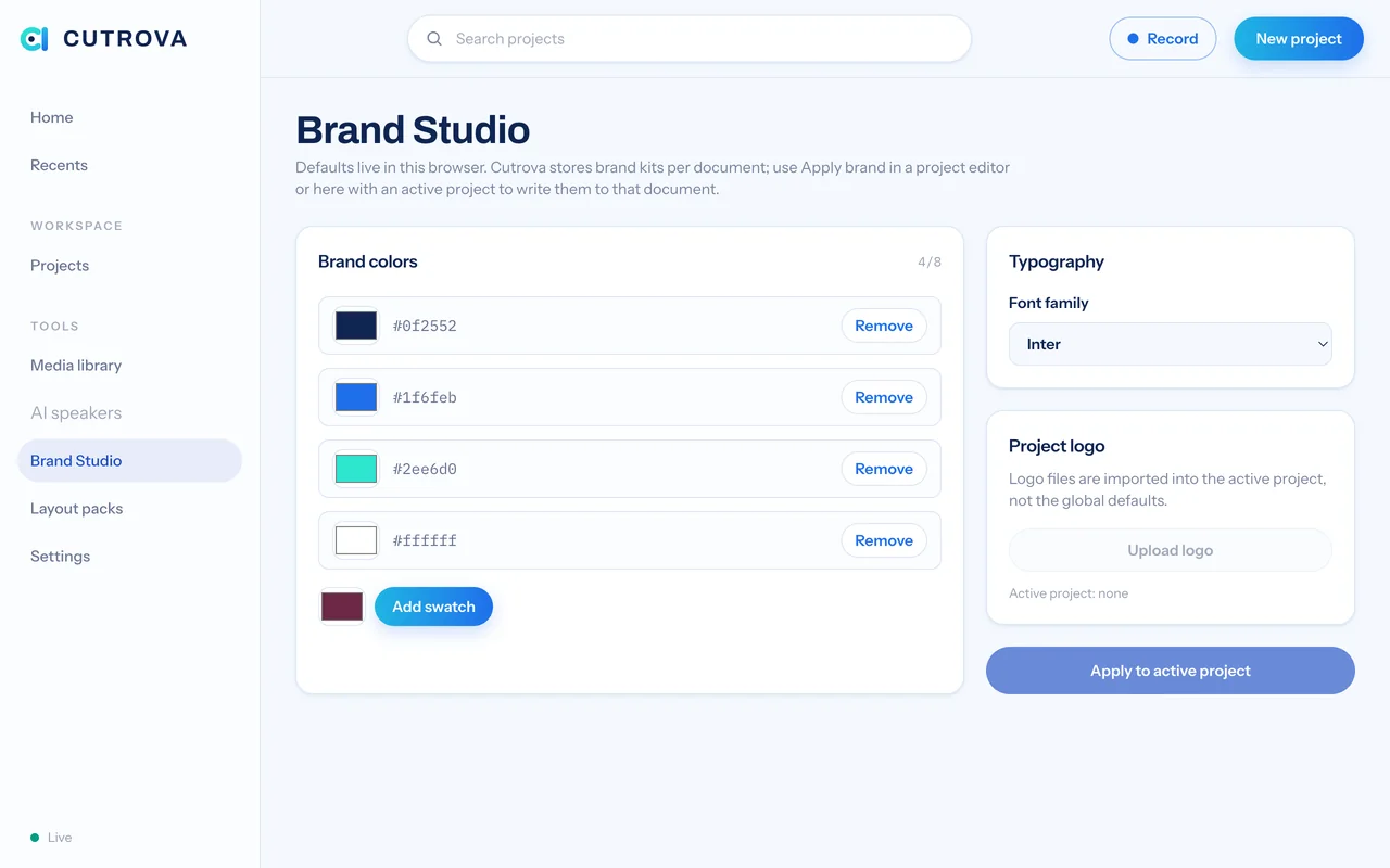 Cutrova Brand Studio with a demo brand kit: four brand colors, a font family and a project logo slot