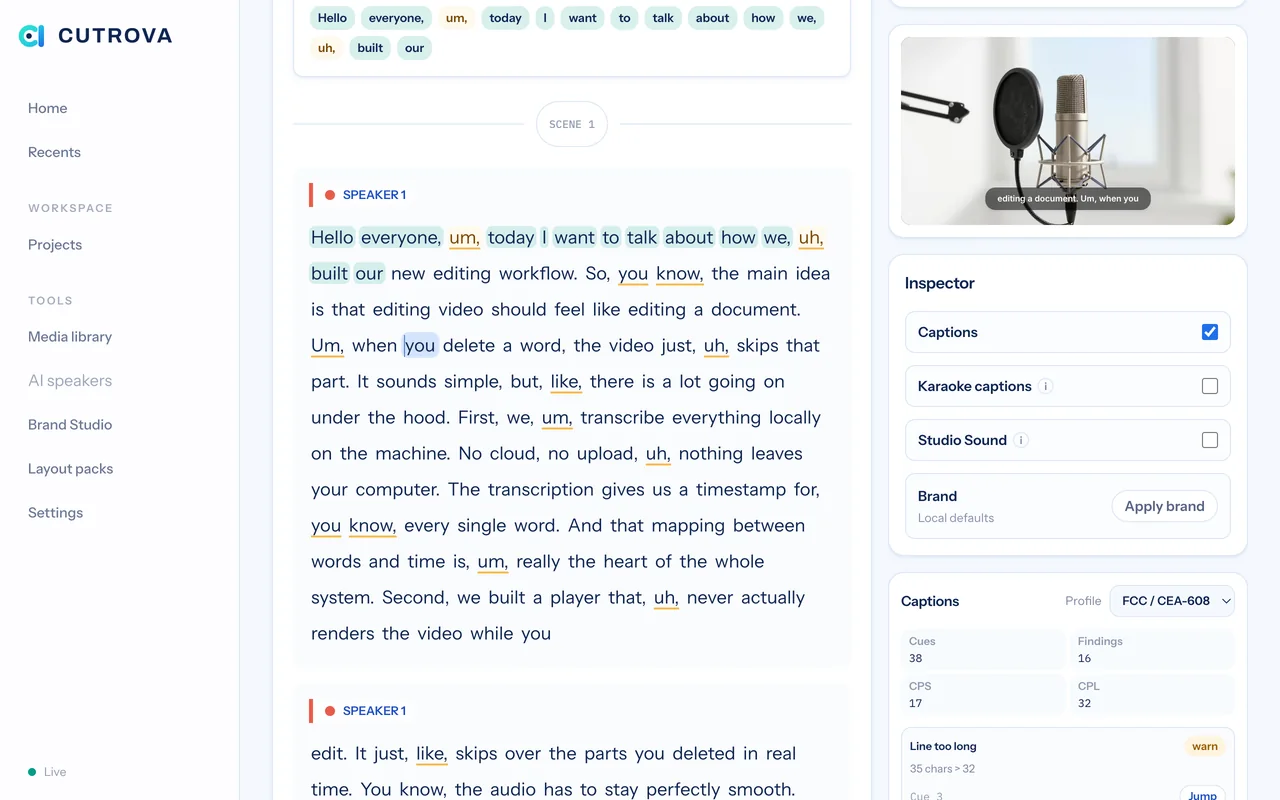 Cutrova caption settings and the caption compliance panel beside a captioned video preview
