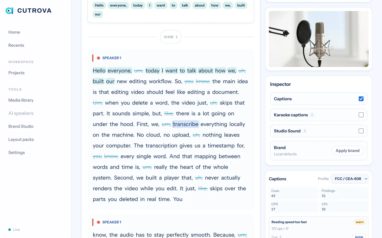 The Cutrova editor with the filler words struck in a demo transcript, beside the video preview and inspector