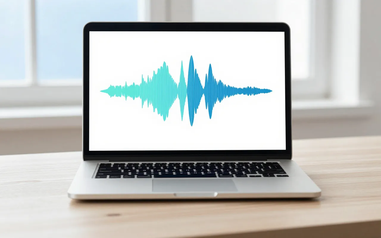 An open laptop on a pale wooden desk showing an audio waveform