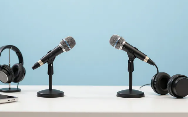 Two desk microphones facing each other with headphones on a bright table